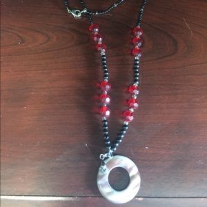 Beaded necklace, sterling silver ring